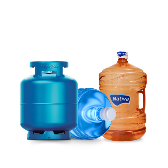 Botijão de gás butano e galão de água mineral da Intergás